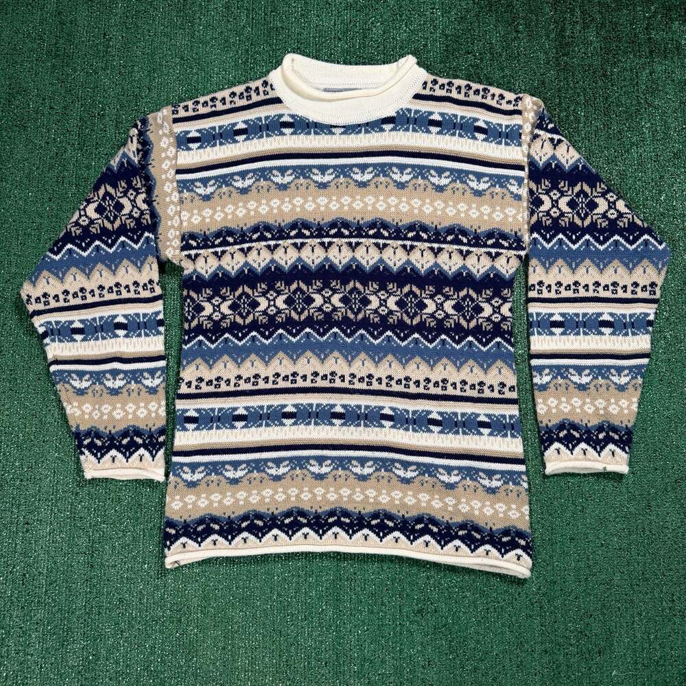 Primadonna Fair Isle Sweater Blue and Beige Knit Pullover Medium